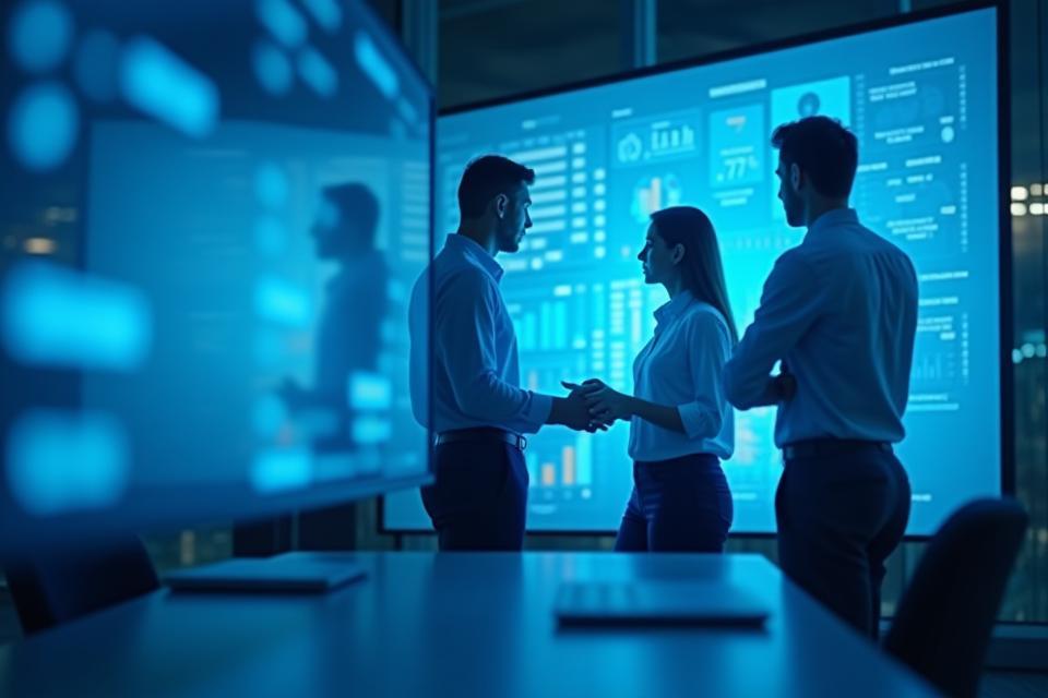 Zespół DataFlow Analytics analizujący dane na dużym ekranie